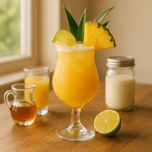 Cocktail tropical jaune dans un verre hurricane, décoré d’une tranche d’ananas et d’un citron vert, avec les ingrédients autour