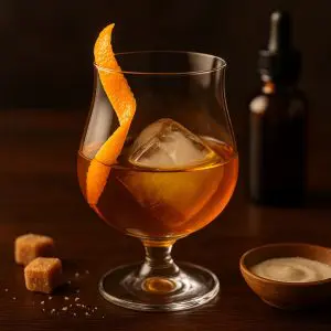 Cocktail ambré servi dans un verre tulipe avec un gros glaçon et un zeste d’orange, entouré d’ingrédients sur une table en bois