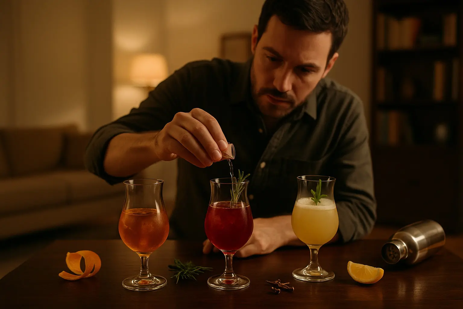 Homme préparant trois cocktails créatifs servis dans des verres tulipes sur une table, avec agrumes et herbes aromatiques