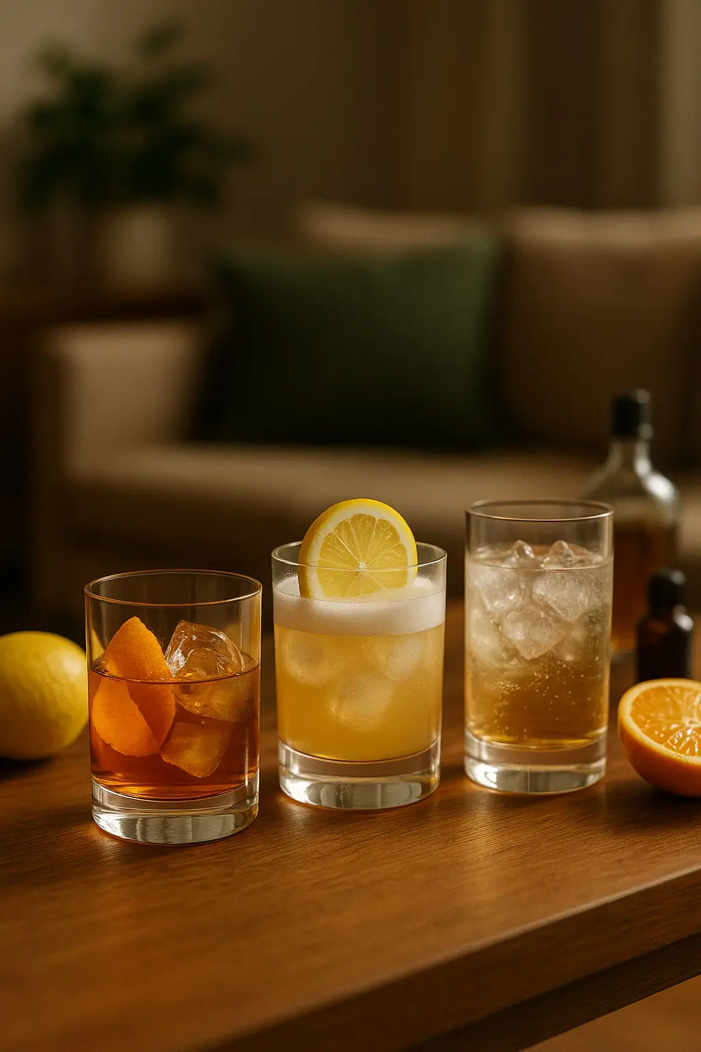 Trois cocktails classiques dans des verres tumbler : Old Fashioned, Whisky Sour et Highball sur une table en bois avec des agrumes