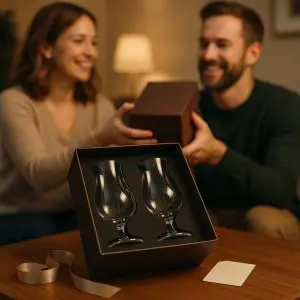 Coffret contenant deux verres tulipes élégants offert entre deux personnes lors d’un moment convivial