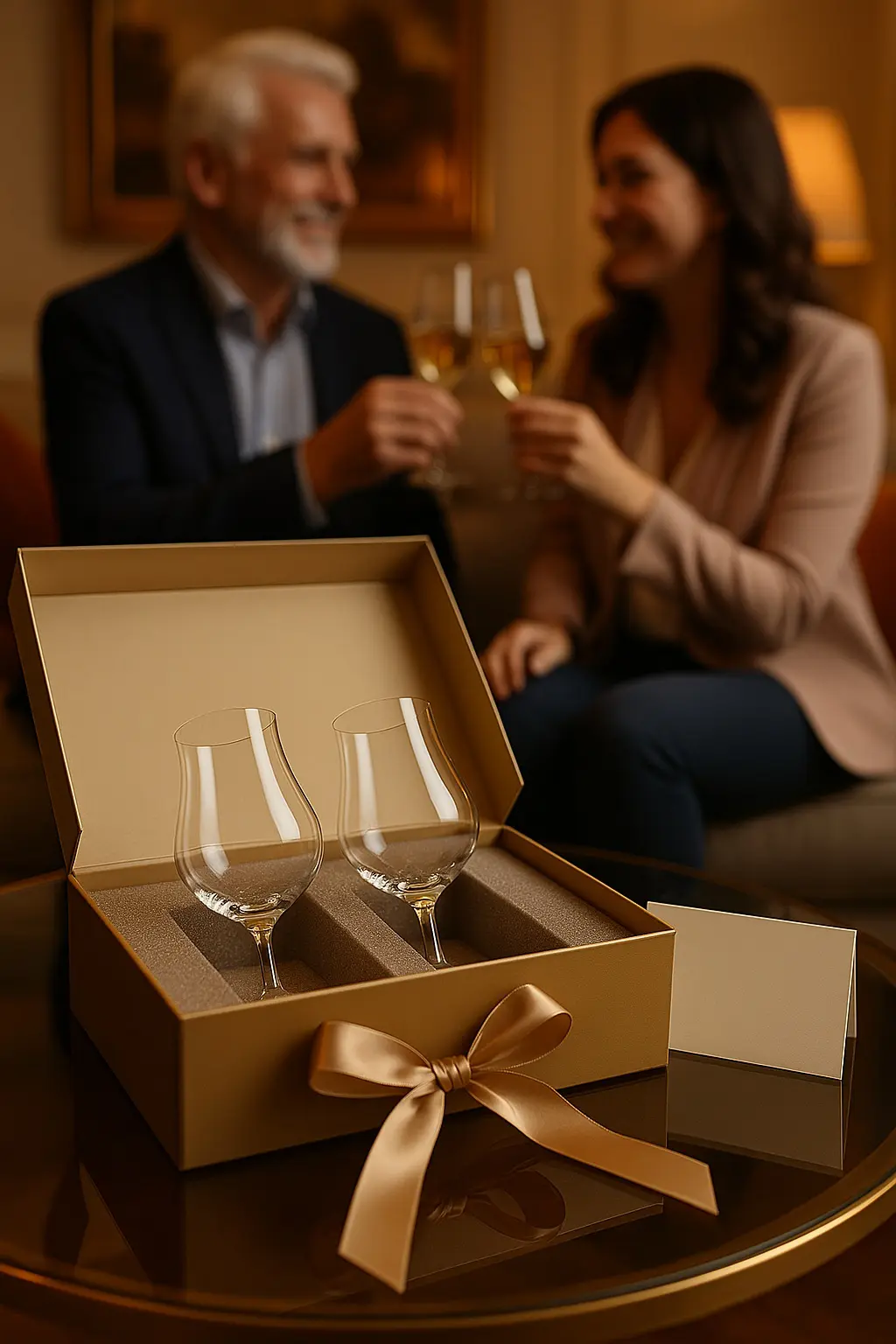 Coffret cadeau contenant deux verres tulipes avec un ruban doré, offert lors d’un moment de dégustation convivial