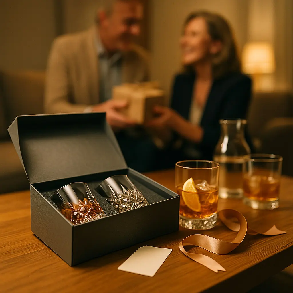 Coffret cadeau de deux verres tumbler en cristal posé sur une table avec un couple échangeant un présent en arrière-plan