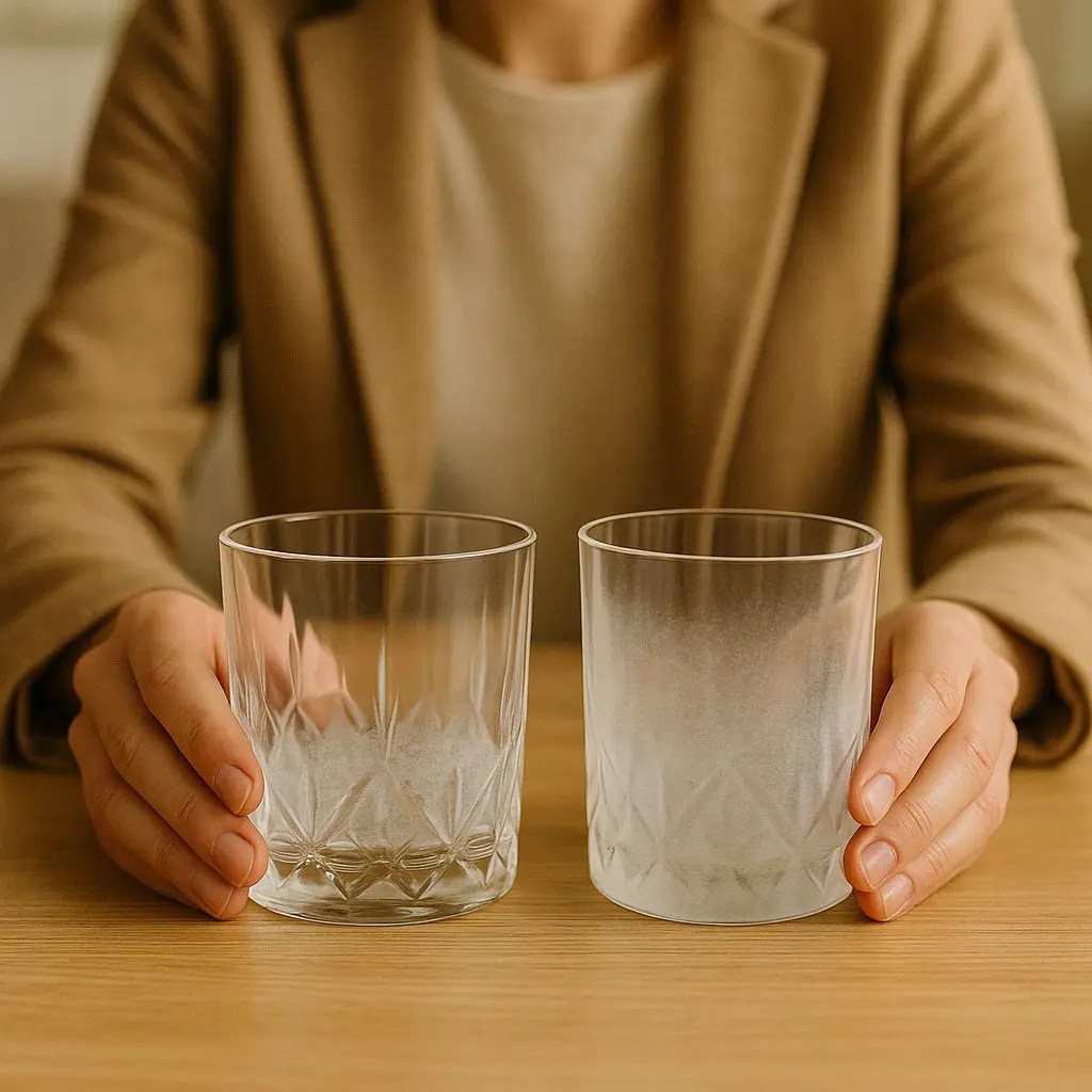 Comparaison entre deux verres à whisky en cristal, l’un avec dépôt blanc de calcaire et l’autre à l’aspect laiteux corrodé, posés sur une table en bois et tenus par une personne.
