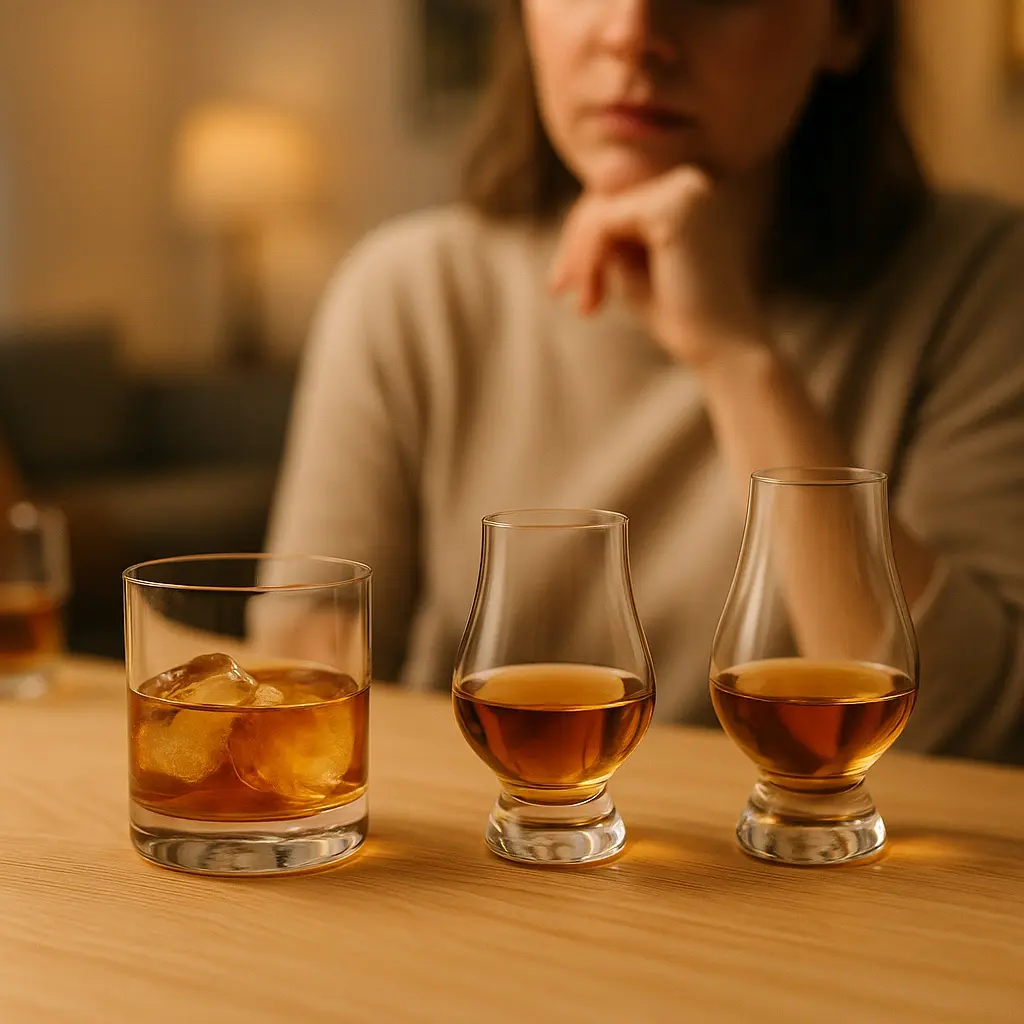 Comparaison entre un verre tumbler avec glace et deux verres tulipe/Glencairn remplis de whisky devant une personne réfléchissant