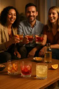 Groupe d’amis trinquant avec des cocktails servis dans des verres tumblers lors d’un apéritif convivial