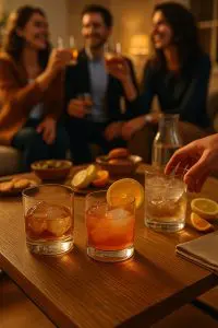 Groupe d’amis trinquant avec des cocktails servis dans des verres tumblers lors d’un apéritif convivial