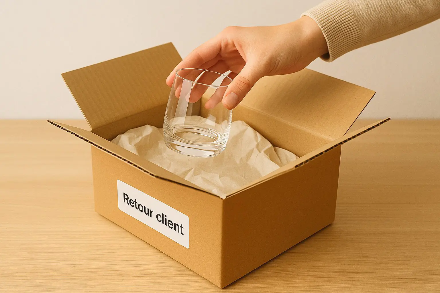 Main plaçant un verre à whisky dans un carton de retour client Aperot.fr avec emballage protecteur