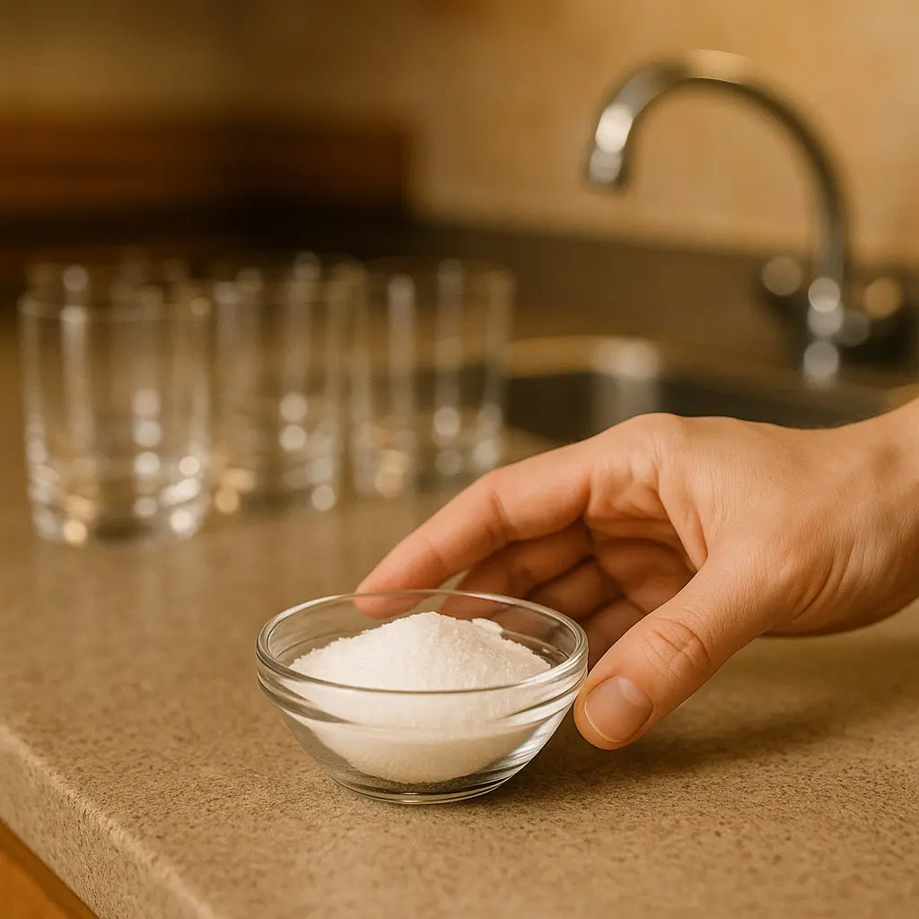 Petite coupelle de cristaux de soude sur un plan de travail pour nettoyer des verres blanchis au calcaire