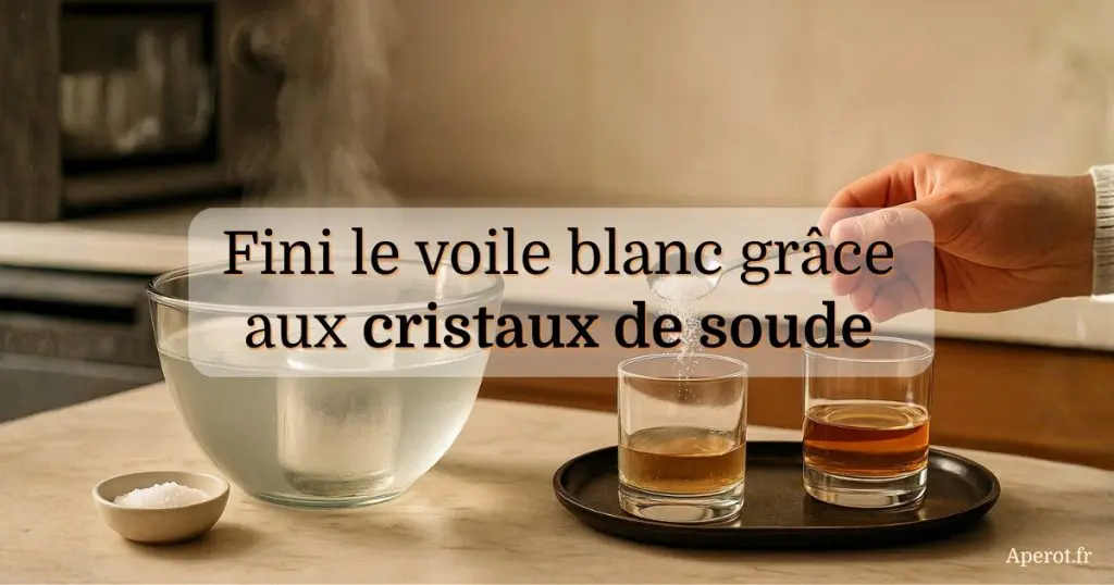 Cristaux de soude pour verres blanchis versés dans un bol d’eau chaude, avec deux verres à whisky sur un plateau, illustration du guide pratique Aperot.fr