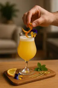 Décoration d’un cocktail dans un verre tulipe avec un zeste d’orange et une fleur comestible, sur un plateau avec herbes et agrumes