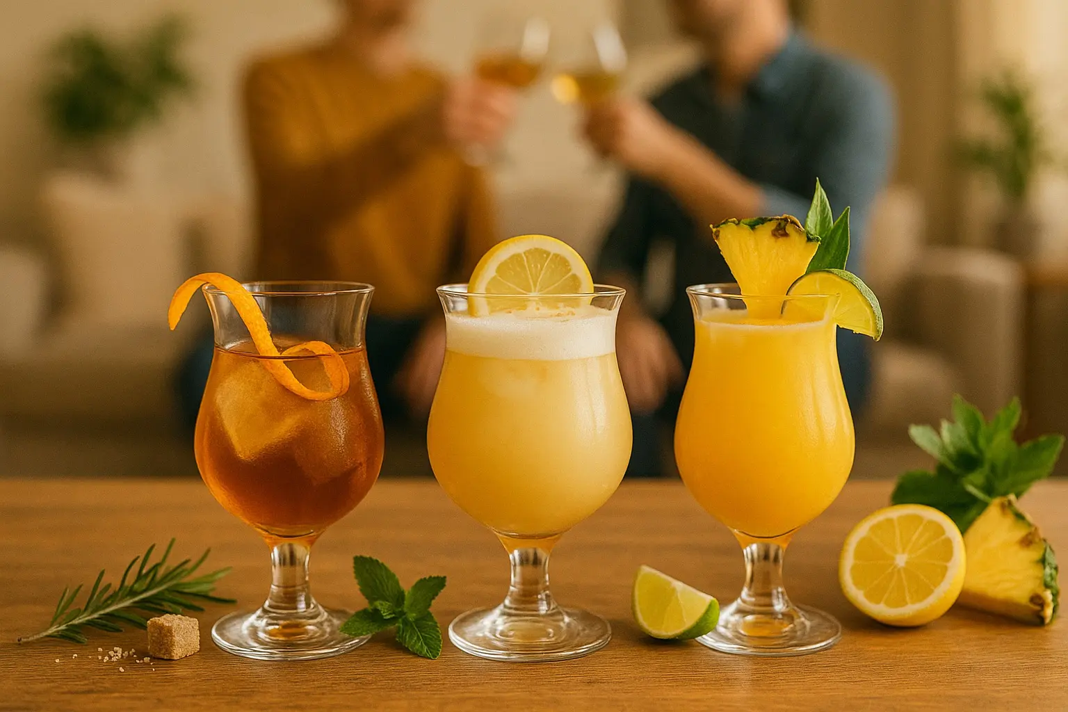 Trois cocktails dans des verres tulipes décorés avec zestes, herbes fraîches et fruits, avec deux personnes trinquant en arrière-plan