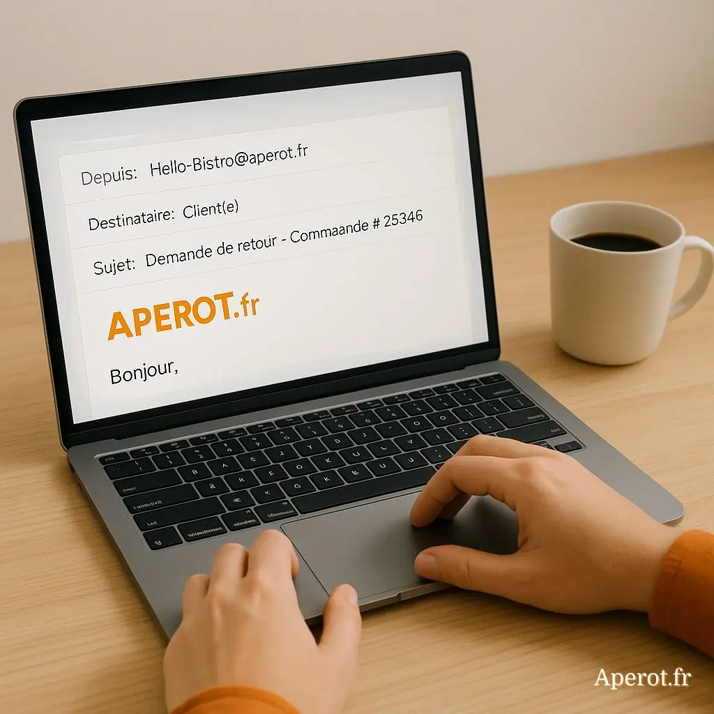 Client rédigeant un e-mail à Hello-Bistro@aperot.fr pour demander un retour de commande sur Aperot.fr