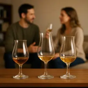 Trois verres tulipes de tailles et formes différentes posés sur une table, avec un couple discutant en arrière-plan