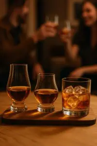 Comparaison entre verre tulipe, verre Glencairn et tumbler remplis de whisky sur un plateau en bois lors d’un apéritif