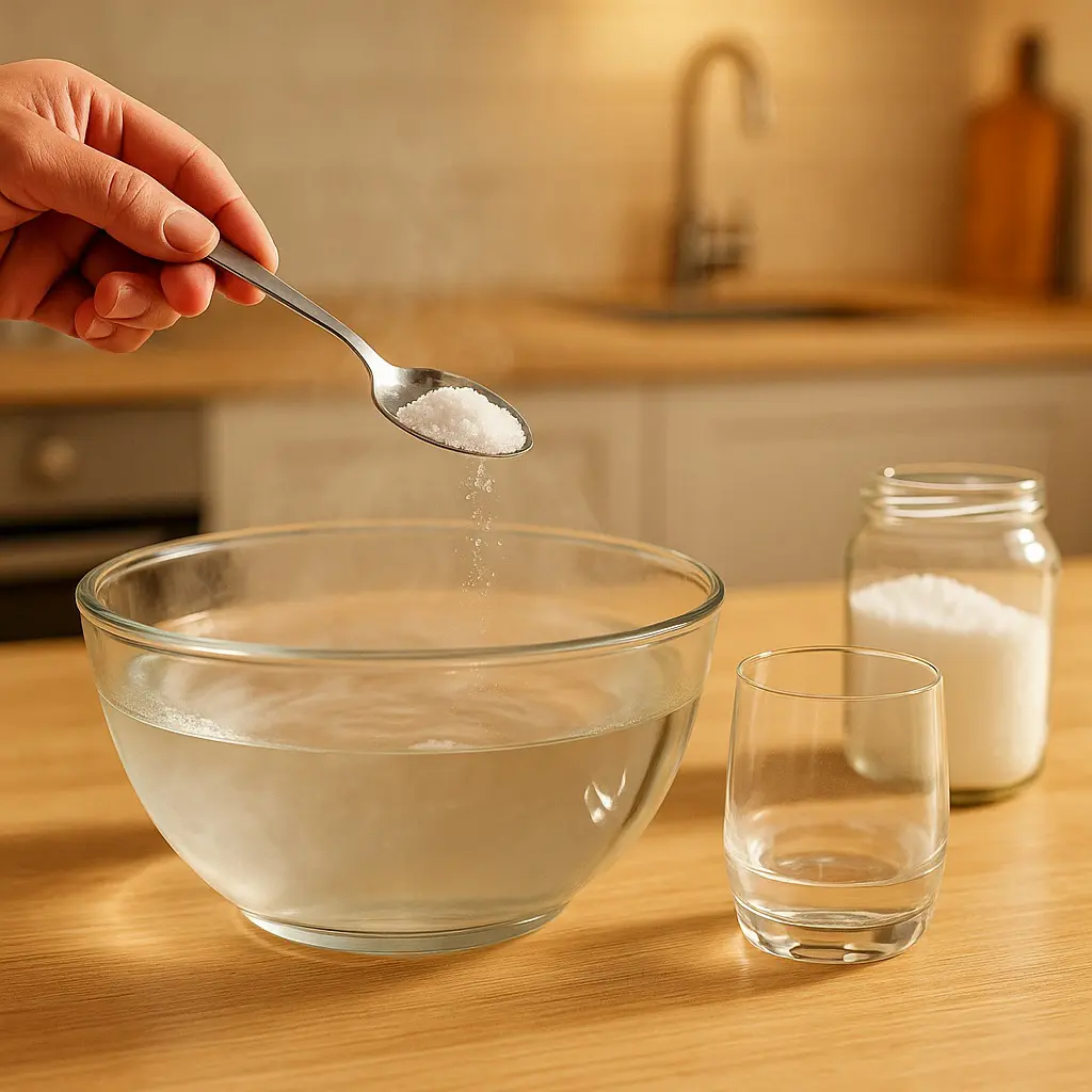 Cristaux de soude versés dans un bol d’eau chaude pour nettoyer les verres ternis par le calcaire