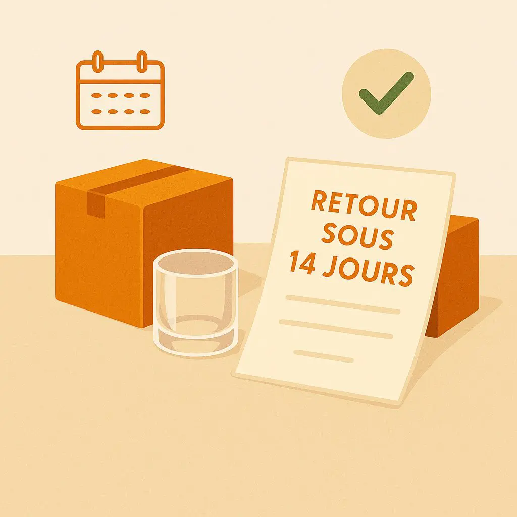 Illustration retour sous 14 jours avec carton, verre à whisky et feuille de rétractation Aperot.fr