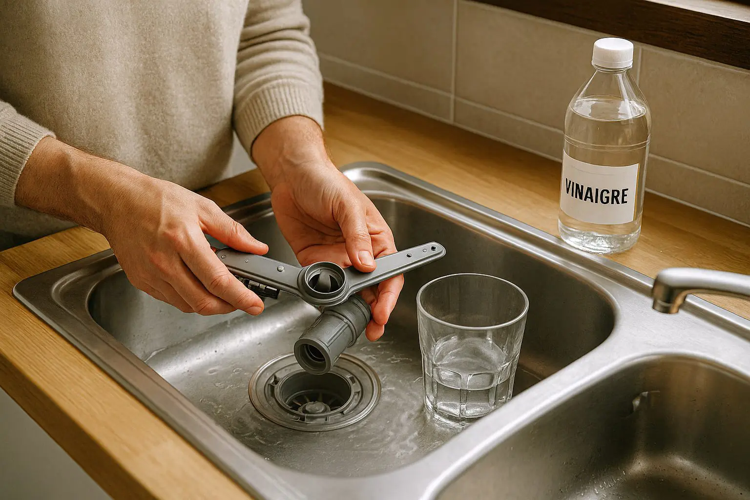Nettoyage manuel des bras du lave-vaisselle dans un évier avec une bouteille de vinaigre blanc et un verre, pour prévenir le voile blanc sur les verres.