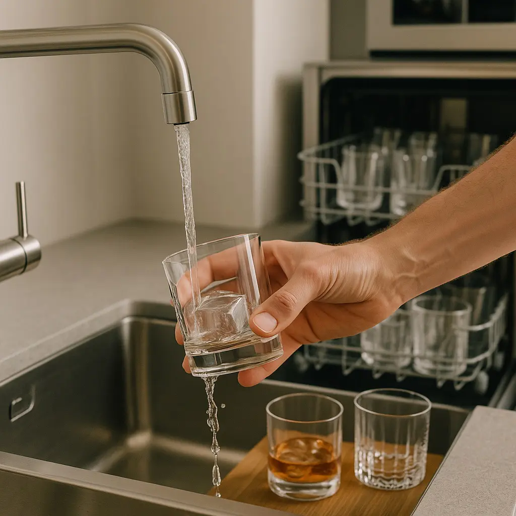 Rinçage d’un verre tumbler sous un filet d’eau dans une cuisine moderne avec lave-vaisselle ouvert en arrière-plan