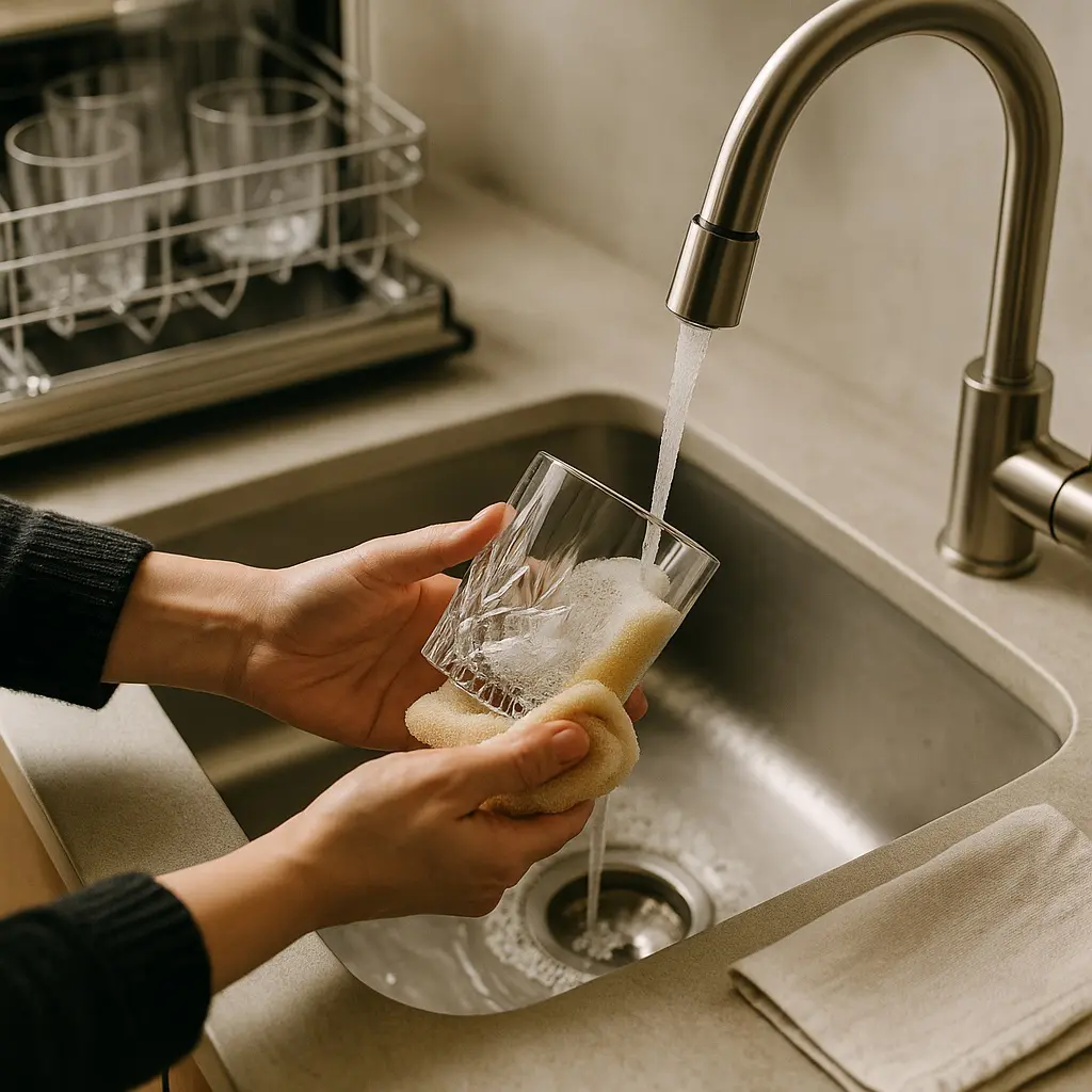 Lavage à la main d’un verre en cristal avec une éponge douce sous un filet d’eau dans une cuisine moderne