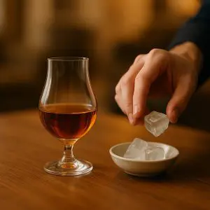 Main hésitante qui tient un glaçon à côté d’un verre tulipe rempli de spiritueux sur une table en bois