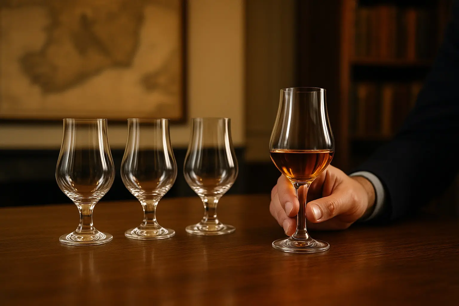 Quatre verres tulipes alignés sur une table, un d’eux rempli de whisky et tenu par une main lors d’une dégustation