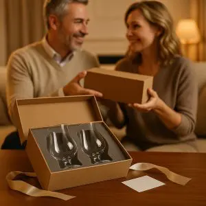 Coffret cadeau avec deux verres tulipes offerts entre deux personnes lors d’un moment convivial