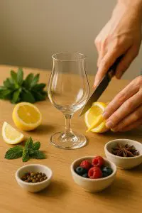 Préparation de cocktail avec un verre tulipe vide entouré de citron, fruits rouges, herbes fraîches et épices sur une table
