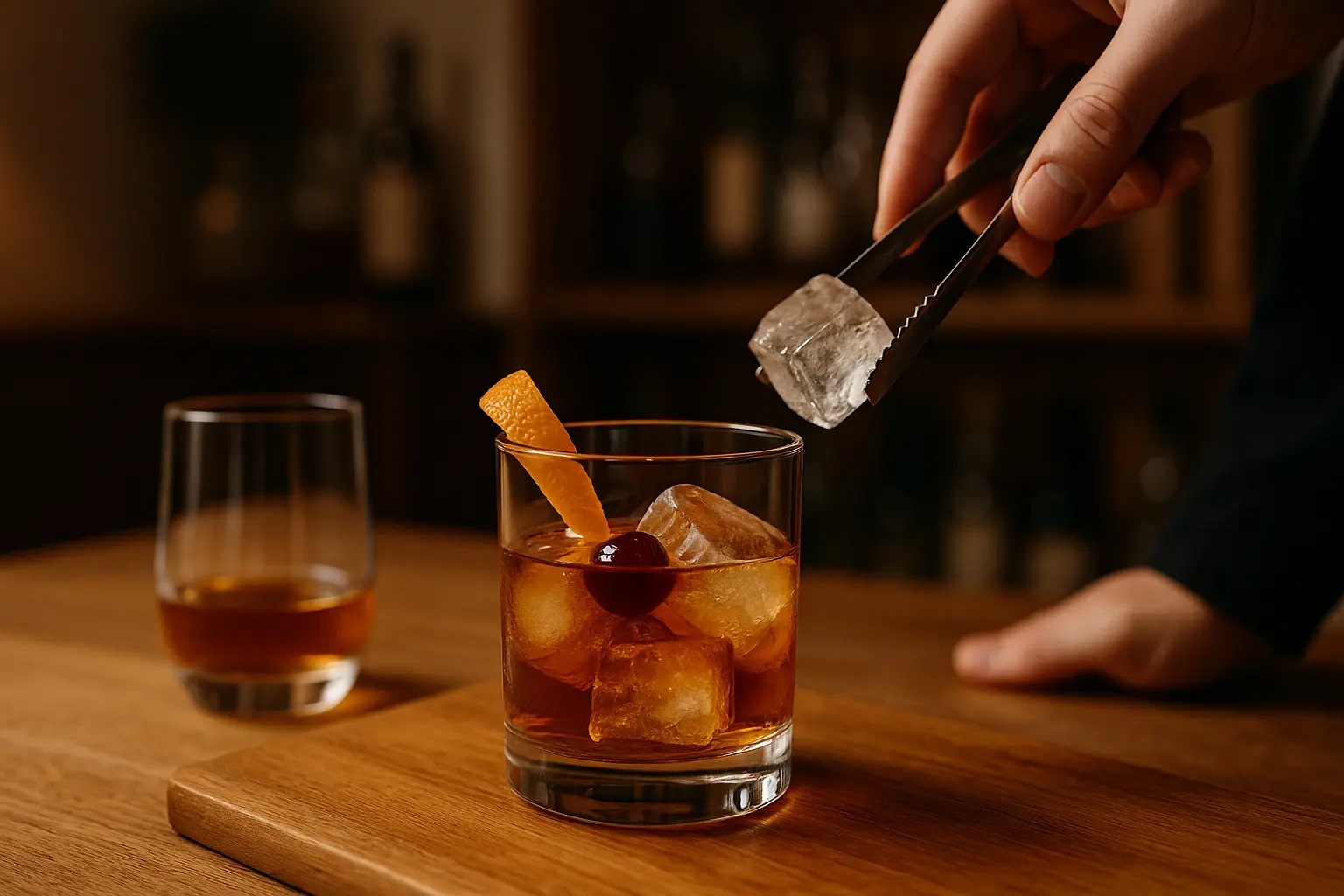 Main ajoutant un glaçon dans un verre tumbler rempli de whisky et décoré d’un zeste d’orange et d’une cerise, posé sur une planche en bois