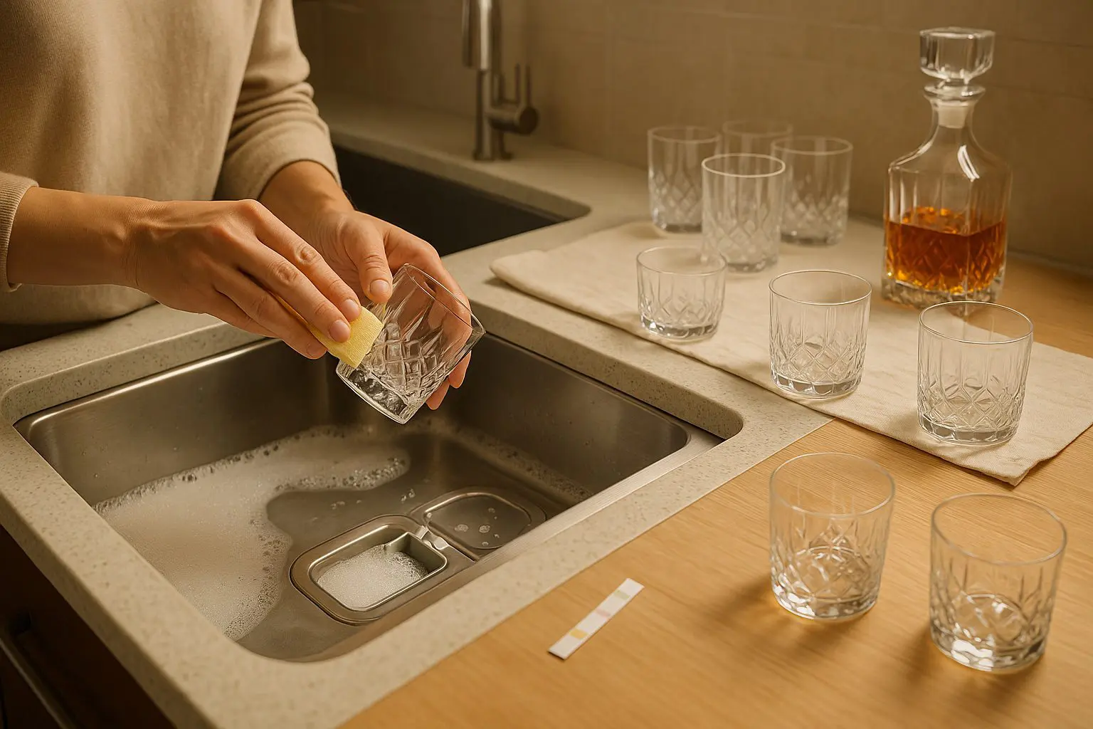 personne lavant soigneusement un verre en cristal à la main avec une éponge douce au-dessus d’un évier, plusieurs verres en cristal posés pour sécher sur un torchon, ambiance apéritif chic