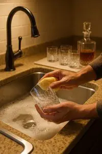 Personne qui nettoie un verre en cristal à l’éponge douce dans l’évier