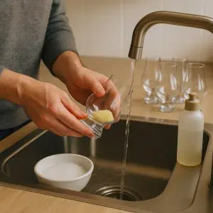 Nettoyage d’un verre tulipe à la main sous un robinet avec une éponge douce et de l’eau tiède