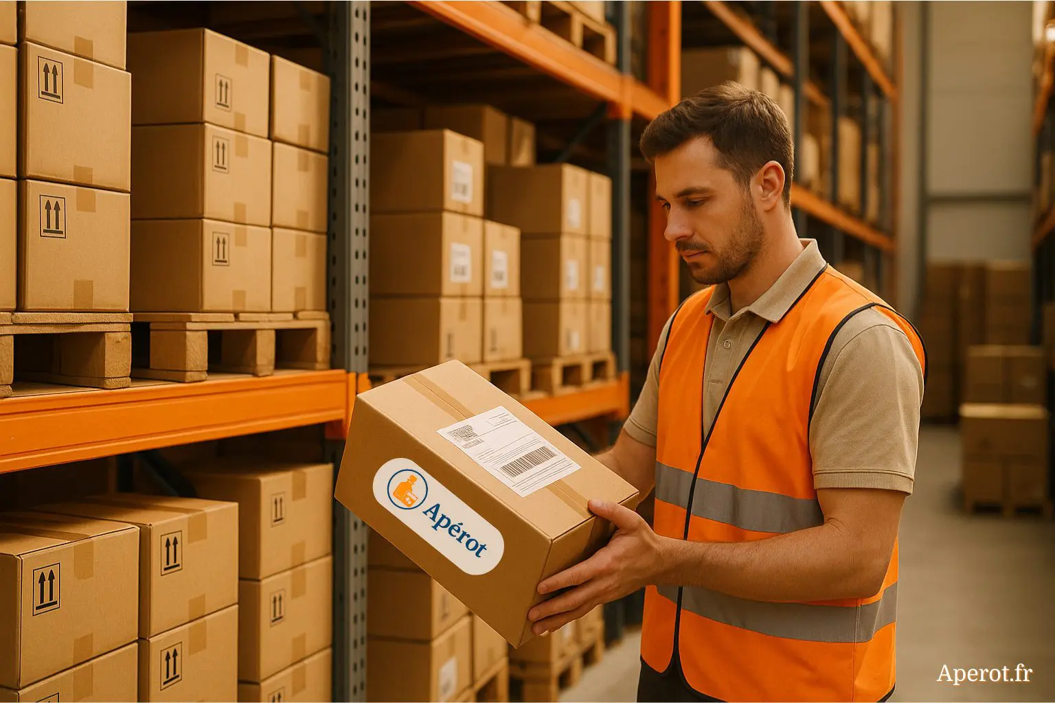 Employé logistique vérifiant un colis Apérot dans un entrepôt moderne avant expédition en France métropolitaine