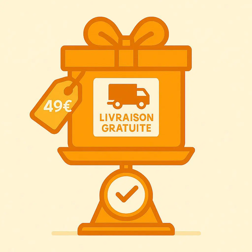 Illustration colis cadeau avec étiquette 49€ symbolisant la livraison gratuite sur Aperot.fr dès 49 euros d’achat