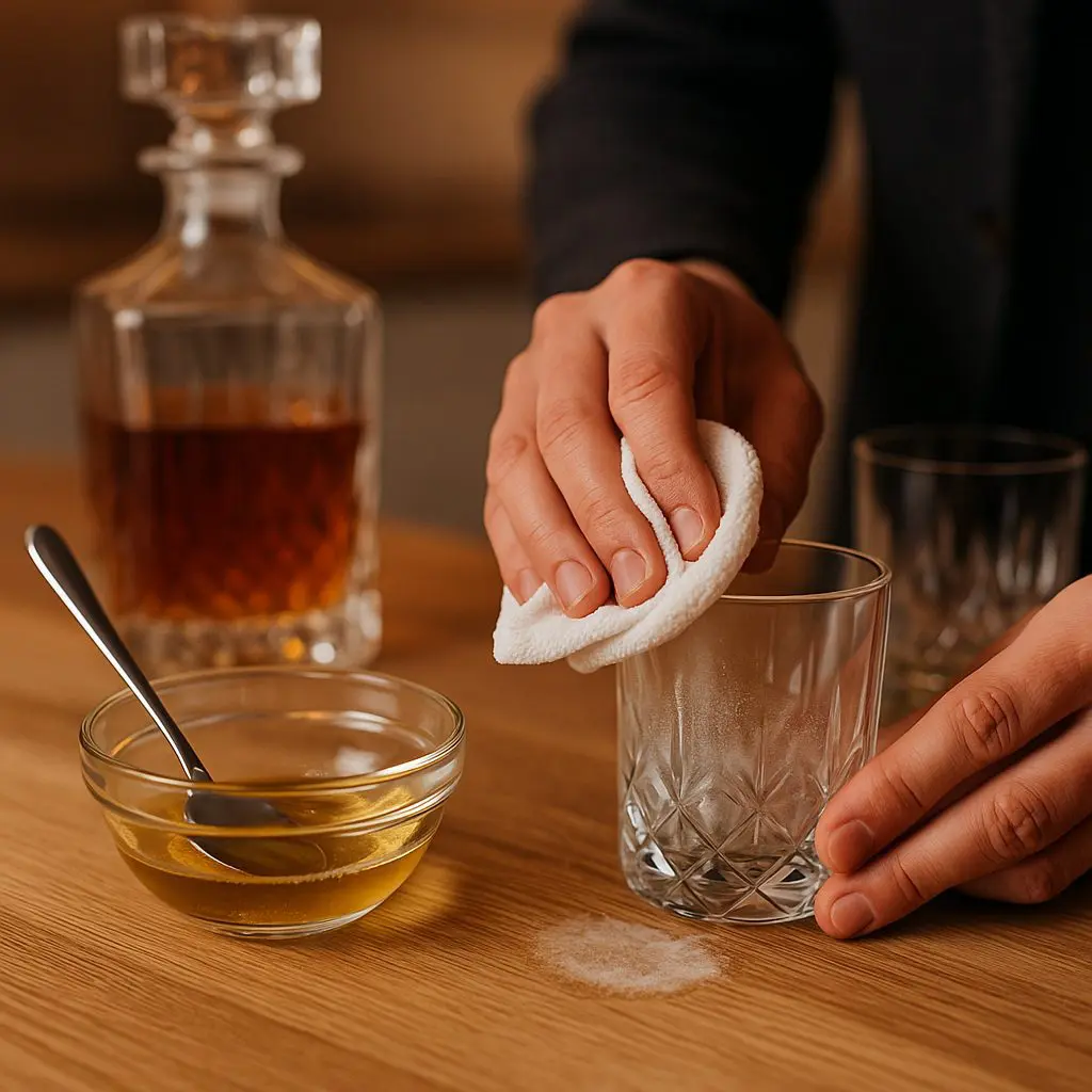 Application d’un mélange huile et vinaigre sur un verre opaque pour éliminer les taches blanches persistantes
