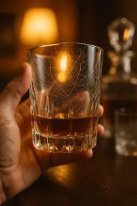 Gros plan sur un verre en cristal fissuré de microfissures, montrant une altération irréversible.