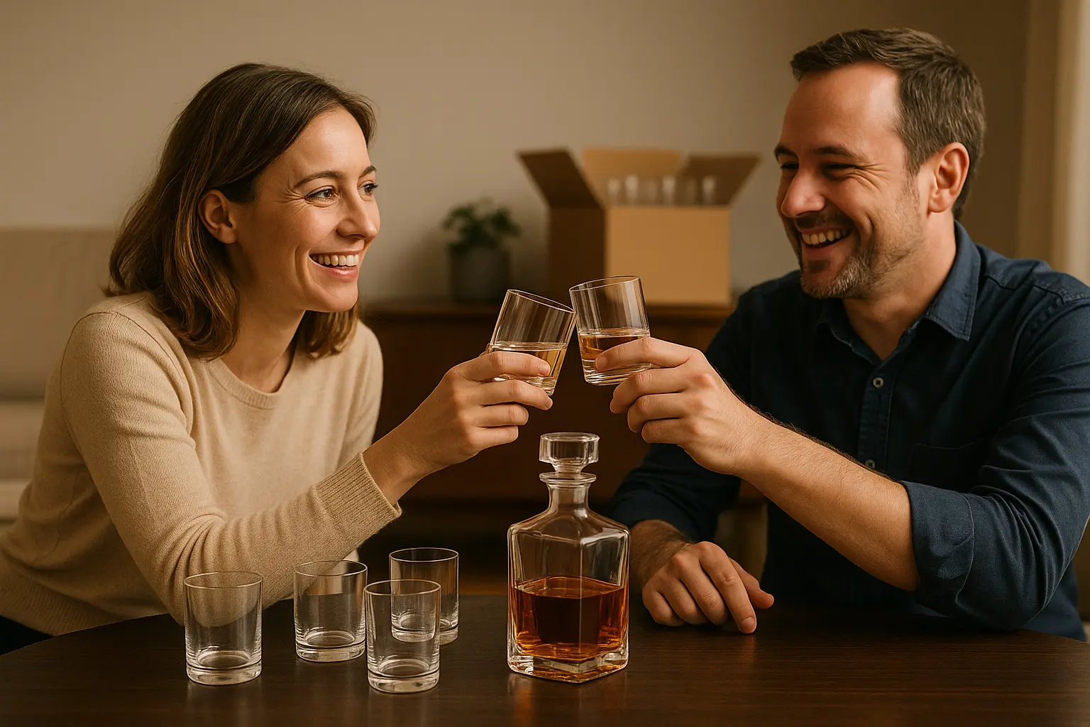 Couple trinquant avec de nouveaux verres transparents après avoir remplacé des verres blanchis inefficaces à nettoyer