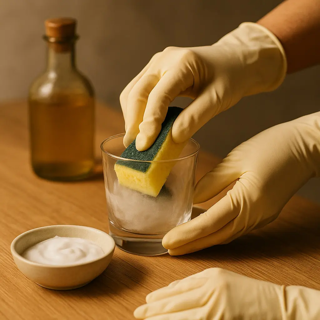 Application d’une pâte de cristaux de soude avec une éponge sur un verre terni pour enlever des traces blanches tenaces