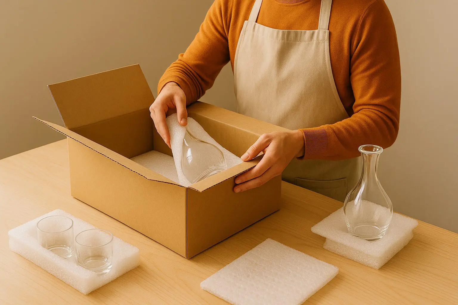 Employé préparant un colis Aperot.fr avec une carafe et des verres emballés soigneusement dans un atelier lumineux