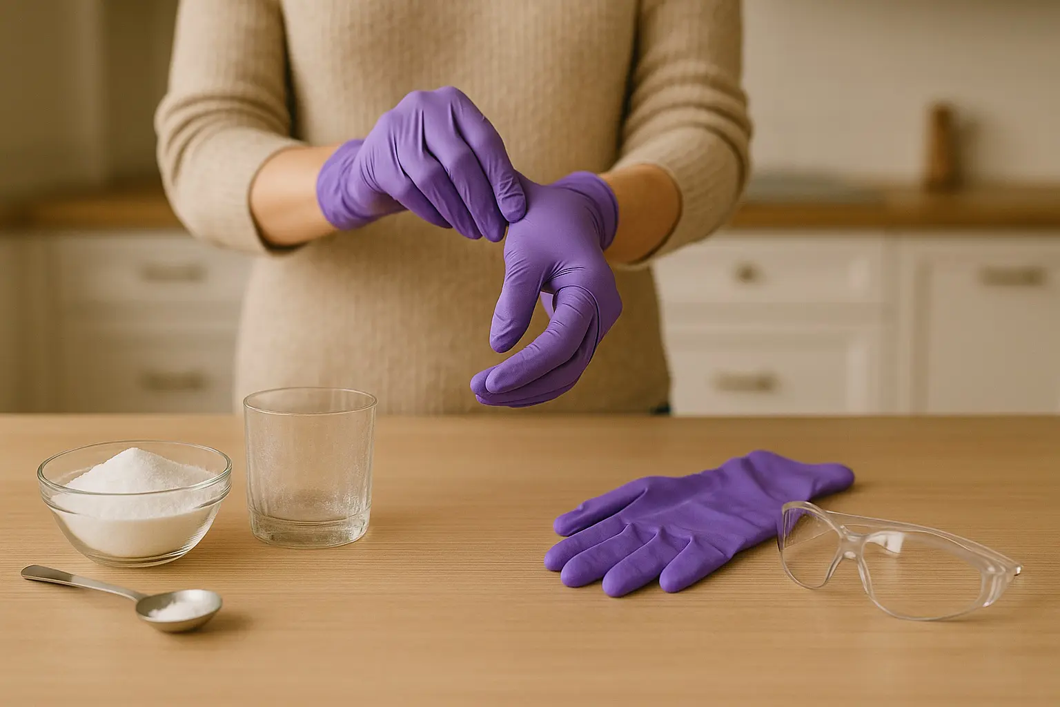 Personne en train d’enfiler des gants de protection avant d’utiliser des cristaux de soude pour nettoyer des verres blanchis