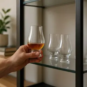 Main tenant un verre tulipe rempli de spiritueux à côté d'une étagère en verre avec d’autres verres protégés des chocs