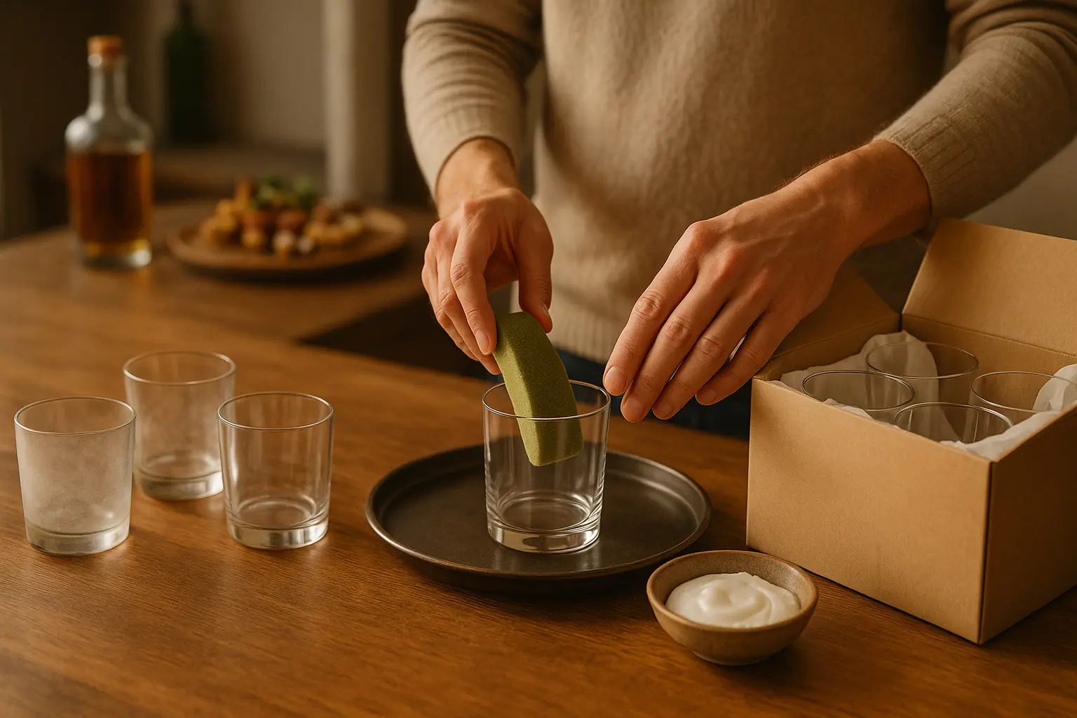 Personne remplaçant un verre terni par un verre neuf après échec du nettoyage aux cristaux de soude