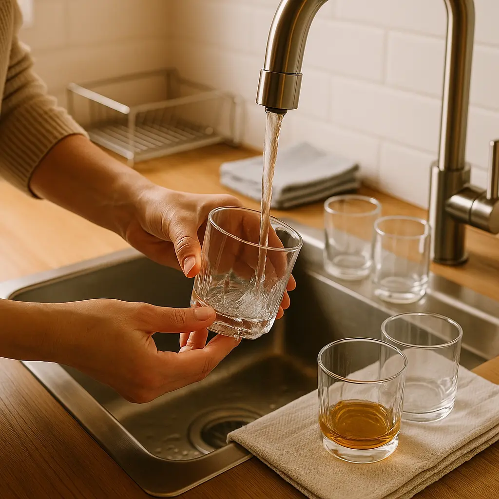 Rinçage d’un verre au robinet après un nettoyage aux cristaux de soude pour enlever les traces de calcaire