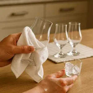 Verre tulipe essuyé délicatement avec un chiffon doux pour éviter les traces après lavage