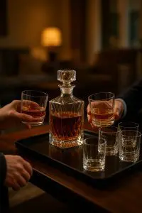Carafe de whisky et verres en cristal transparents prêts à être servis à l’apéritif