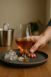 Verre tulipe rempli d’un spiritueux avec des glaçons posés sur un plateau, suggérant l’importance de la bonne température de service