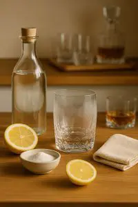 Verre en cristal opaque posé aux côtés d’un citron coupé, de bicarbonate et d’un chiffon doux