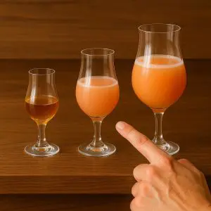 Trois verres tulipes de tailles différentes alignés sur une table, un doigt pointant le plus grand pour montrer le choix du volume selon la boisson