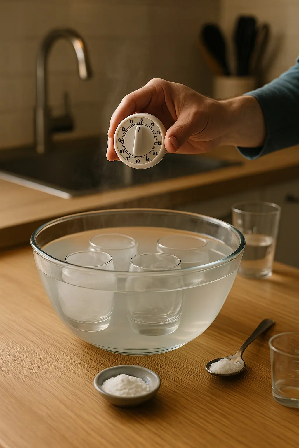 Bols d’eau chaude avec verres blanchis au calcaire en trempage et minuterie pour indiquer la durée d’action des cristaux de soude