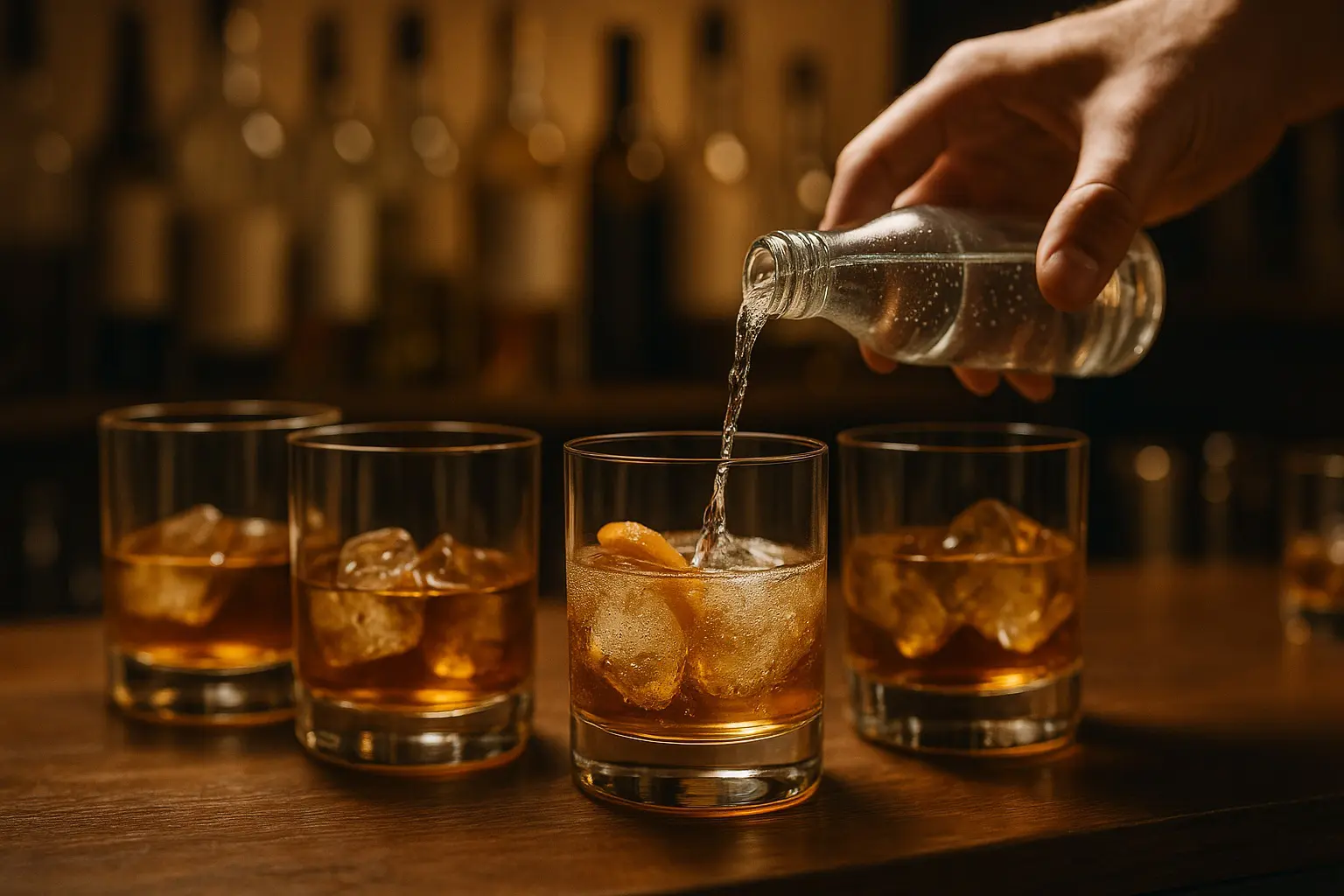 Service de whisky dans des verres tumbler avec glaçons, un trait d’eau pétillante versé dans l’un des verres sur un bar